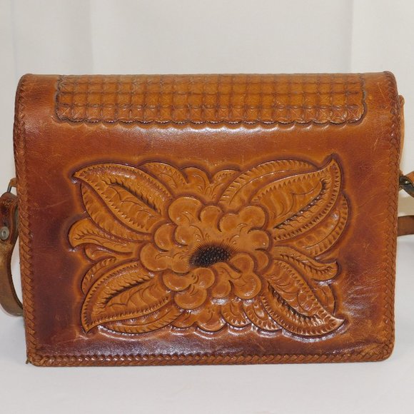 Vintage Tooled Leather Handbag Floral Shoulder Bag Western Purse - Picture 6 of 16